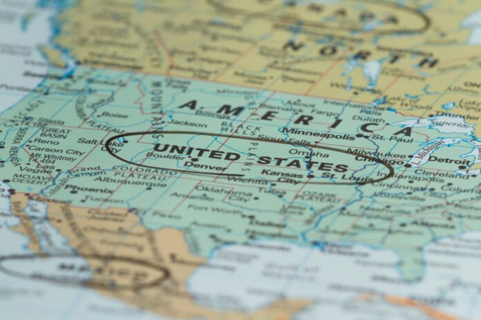 World,Map,View,With,The,United,States,In,Focus,With